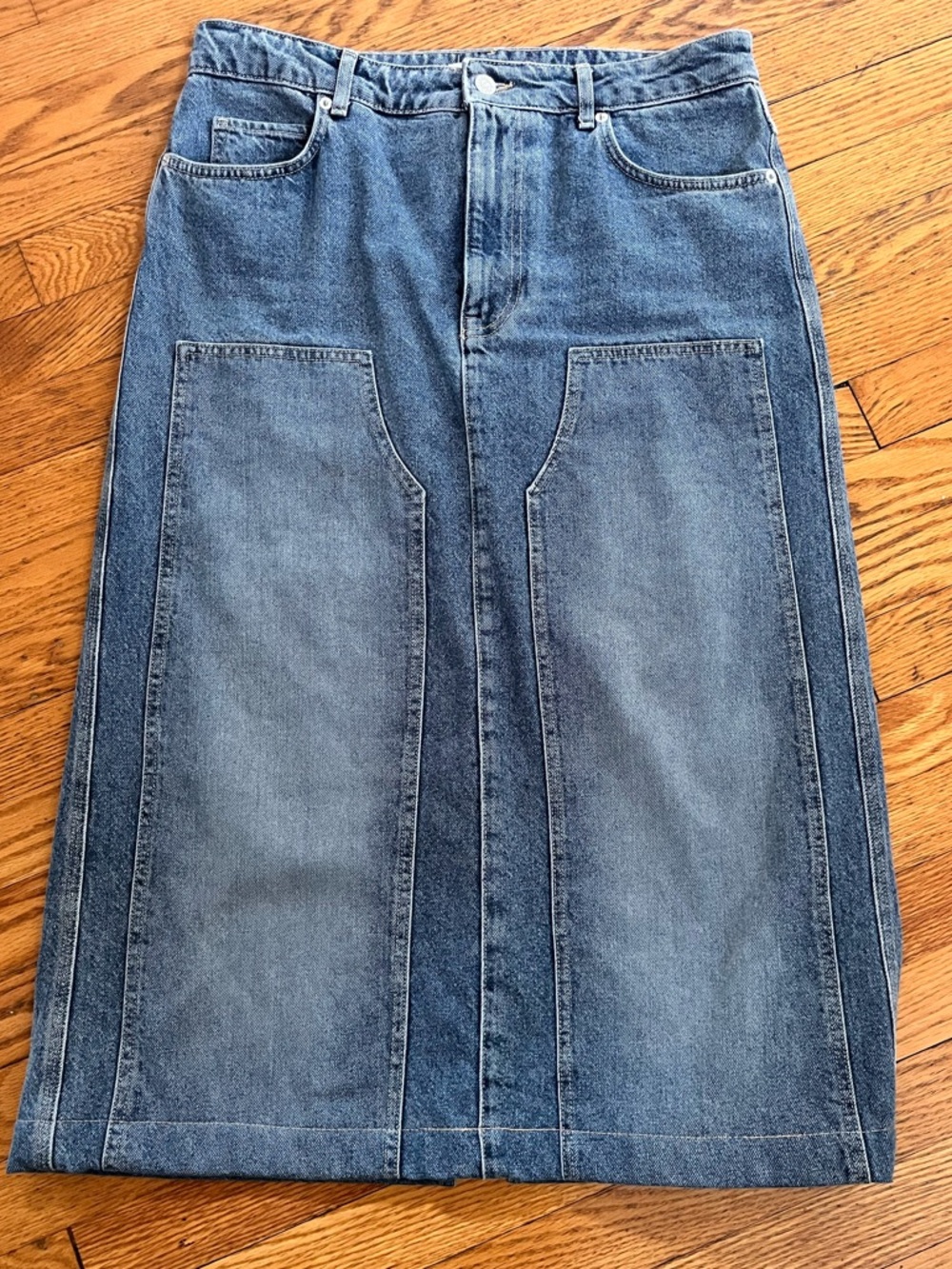 Mango denim medium wash maxi skirt with chaps detail kick slit size L 30-31 VGUC